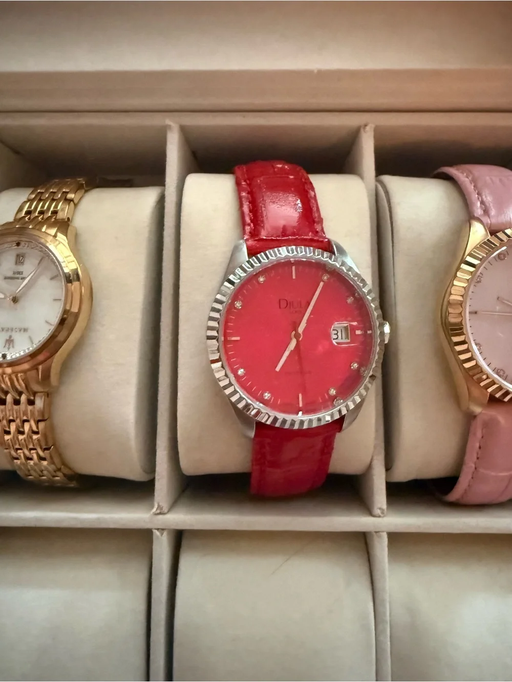 Pink Leather Strap Watch with Gold-Tone Case